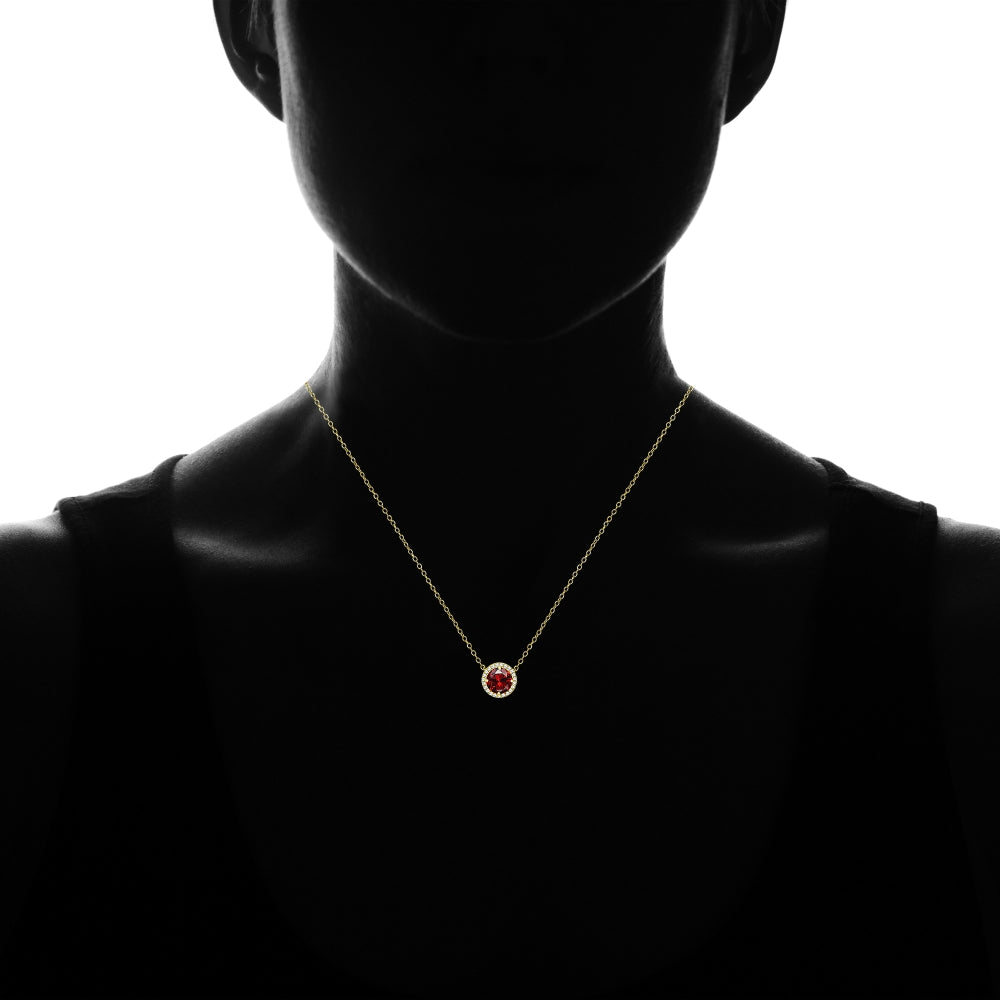 Yellow Gold Flashed Sterling Silver Created Garnet and Cubic Zirconia Round Halo Necklace-3