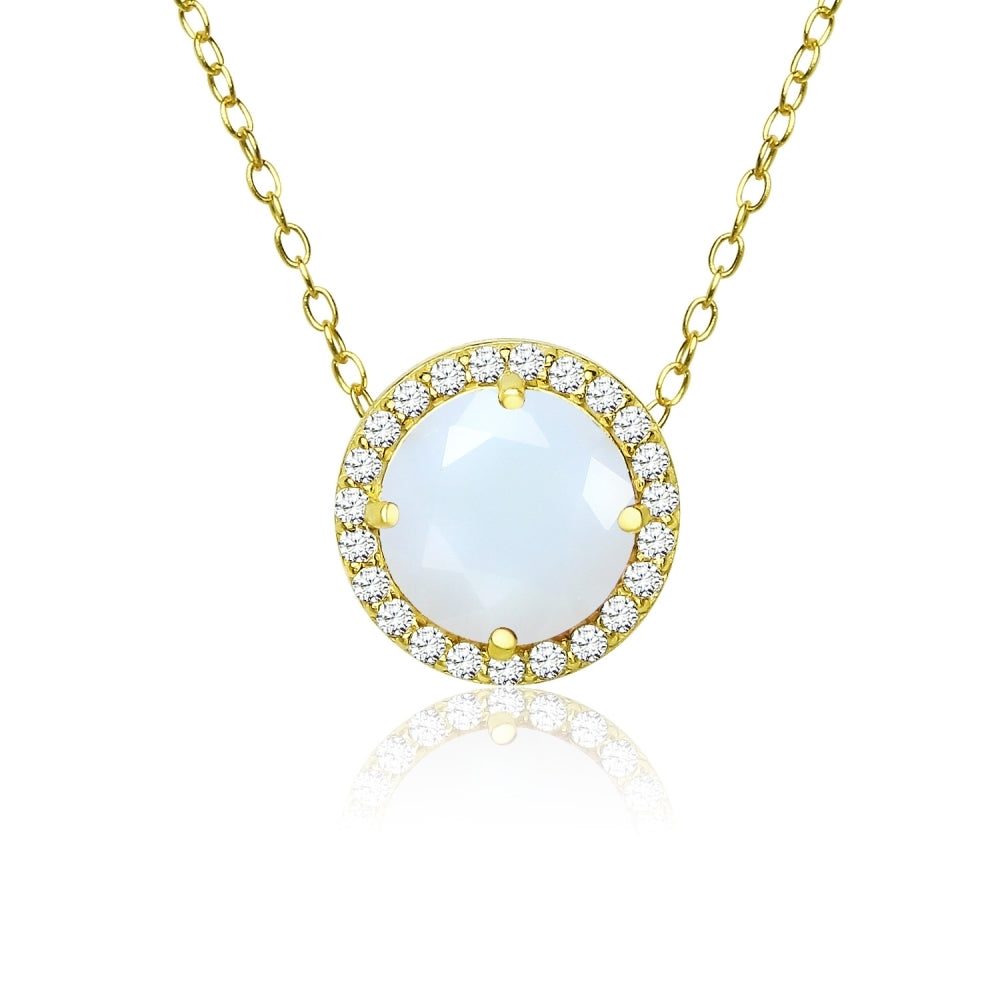 Yellow Gold Flashed Sterling Silver Created White Opal and Cubic Zirconia Round Halo Necklace
