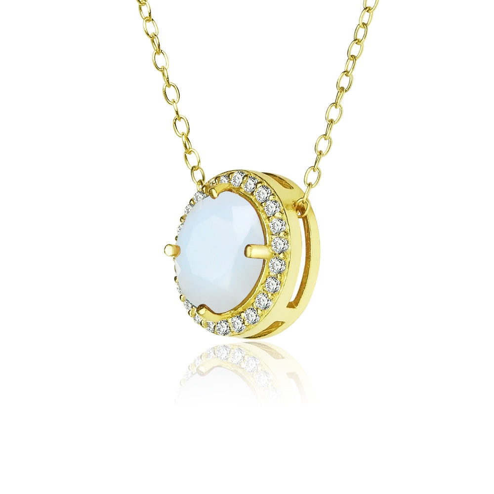 Yellow Gold Flashed Sterling Silver Created White Opal and Cubic Zirconia Round Halo Necklace-2