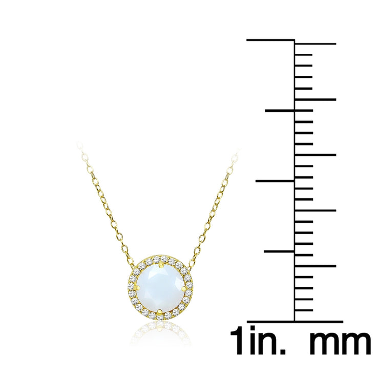 Yellow Gold Flashed Sterling Silver Created White Opal and Cubic Zirconia Round Halo Necklace
