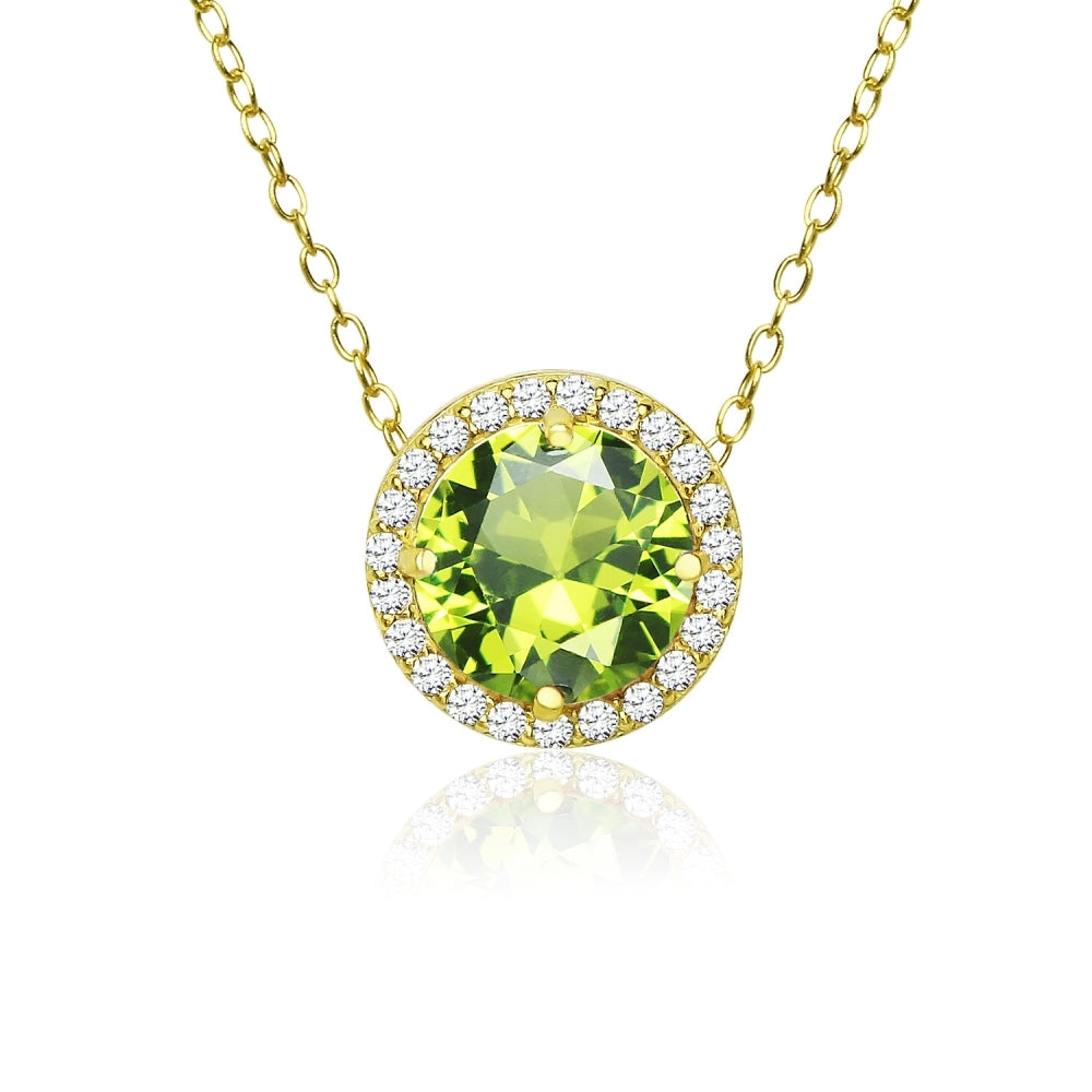 Yellow Gold Flashed Sterling Silver Created Peridot and Cubic Zirconia Round Halo Necklace