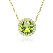 Yellow Gold Flashed Sterling Silver Created Peridot and Cubic Zirconia Round Halo Necklace