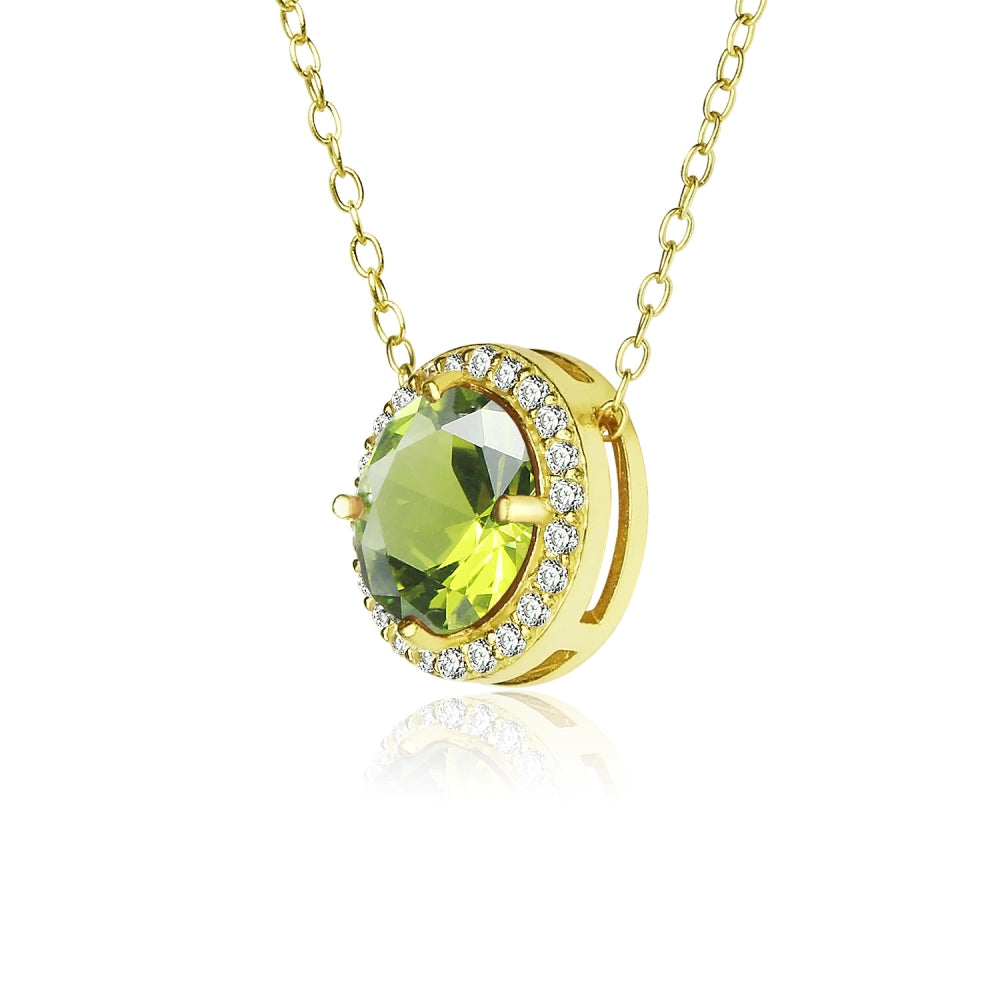 Yellow Gold Flashed Sterling Silver Created Peridot and Cubic Zirconia Round Halo Necklace-2