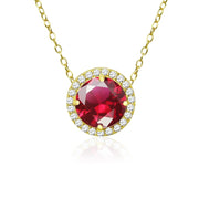 Yellow Gold Flashed Sterling Silver Created Ruby and Cubic Zirconia Round Halo Necklace
