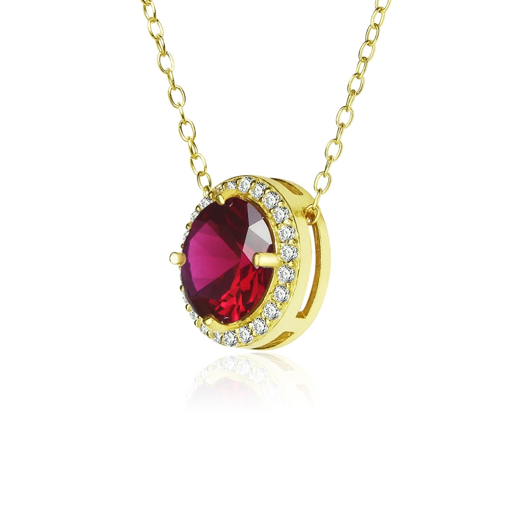 Yellow Gold Flashed Sterling Silver Created Ruby and Cubic Zirconia Round Halo Necklace-2