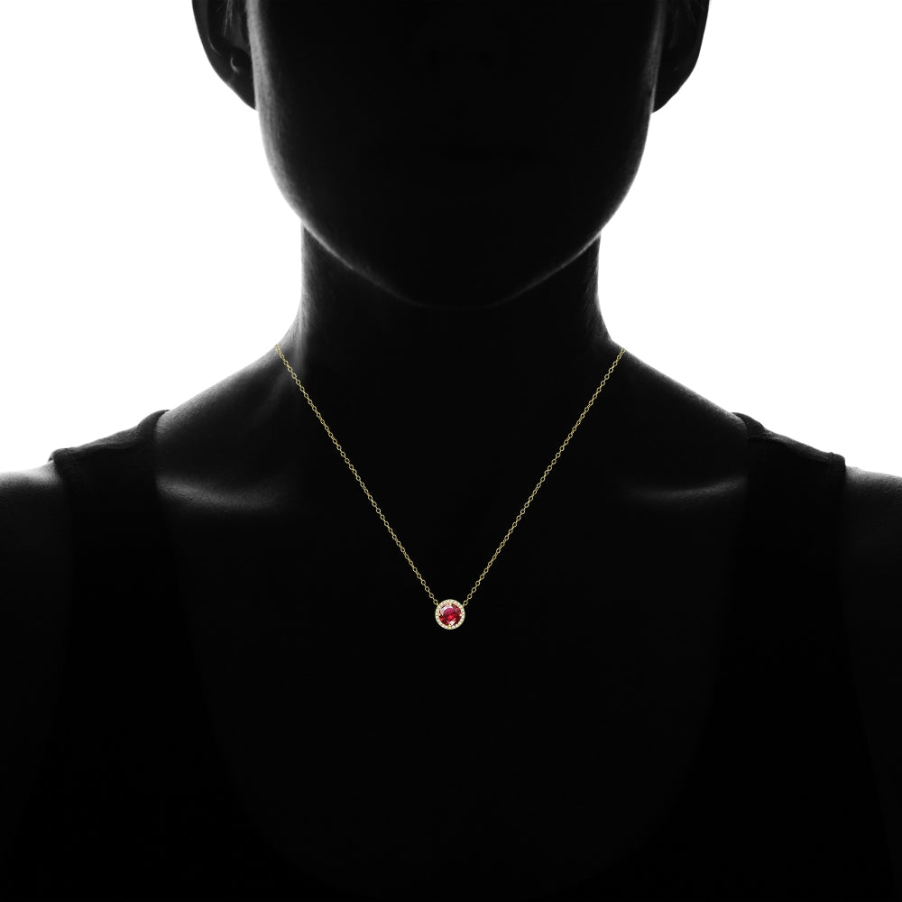 Yellow Gold Flashed Sterling Silver Created Ruby and Cubic Zirconia Round Halo Necklace-3