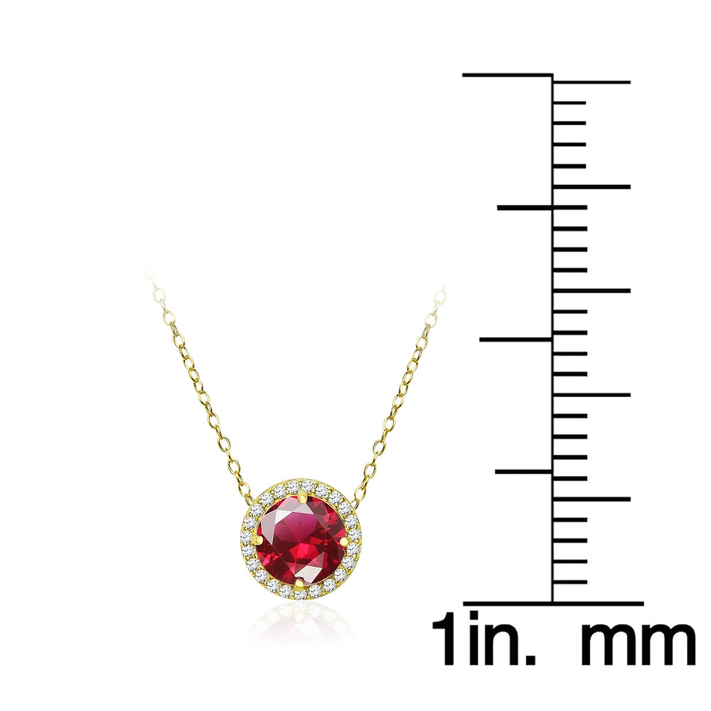 Yellow Gold Flashed Sterling Silver Created Ruby and Cubic Zirconia Round Halo Necklace-4