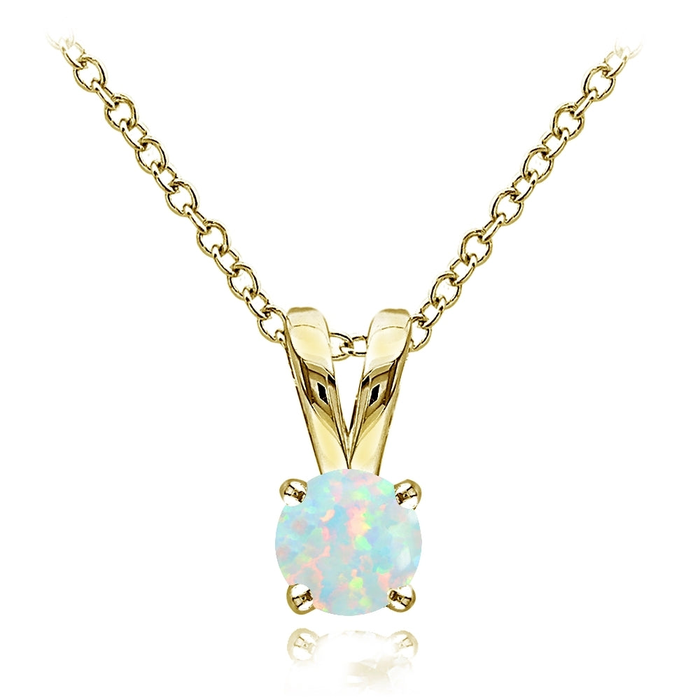 Yellow Gold Flashed Sterling Silver Created White Opal Round Solitaire Necklace,  5mm