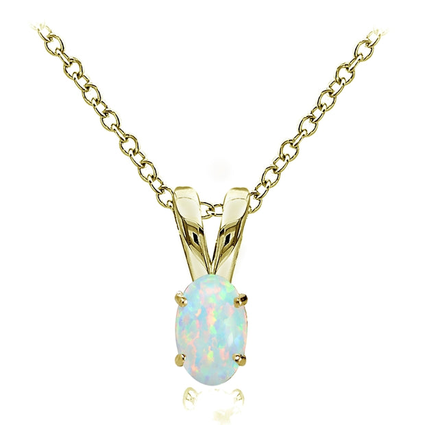 Yellow Gold Flashed Sterling Silver Created White Opal 6x4mm Oval Solitaire Necklace