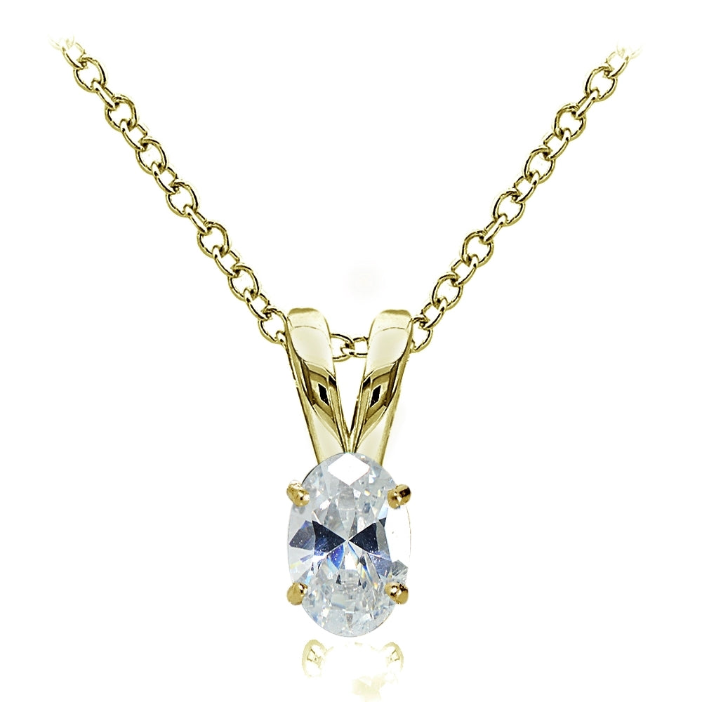 Yellow Gold Flashed Sterling Silver Cubic Zirconia 6x4mm Oval Solitaire Necklace