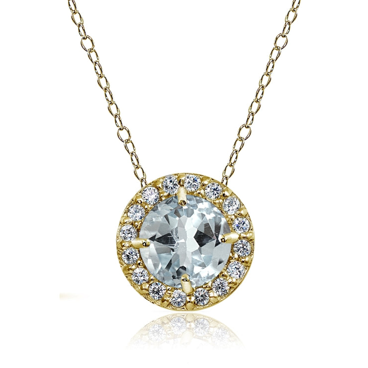 Yellow Gold Flashed Sterling Silver Aquamarine and Cubic Zirconia Accents Round Halo Necklace