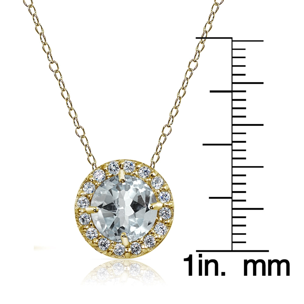 Yellow Gold Flashed Sterling Silver Aquamarine and Cubic Zirconia Accents Round Halo Necklace-3