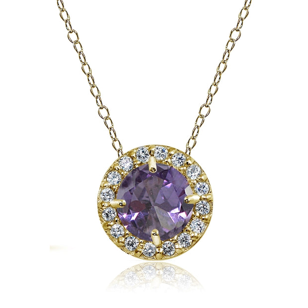 Yellow Gold Flashed Sterling Silver Created Alexandrite and Cubic Zirconia Accents Round Halo Necklace