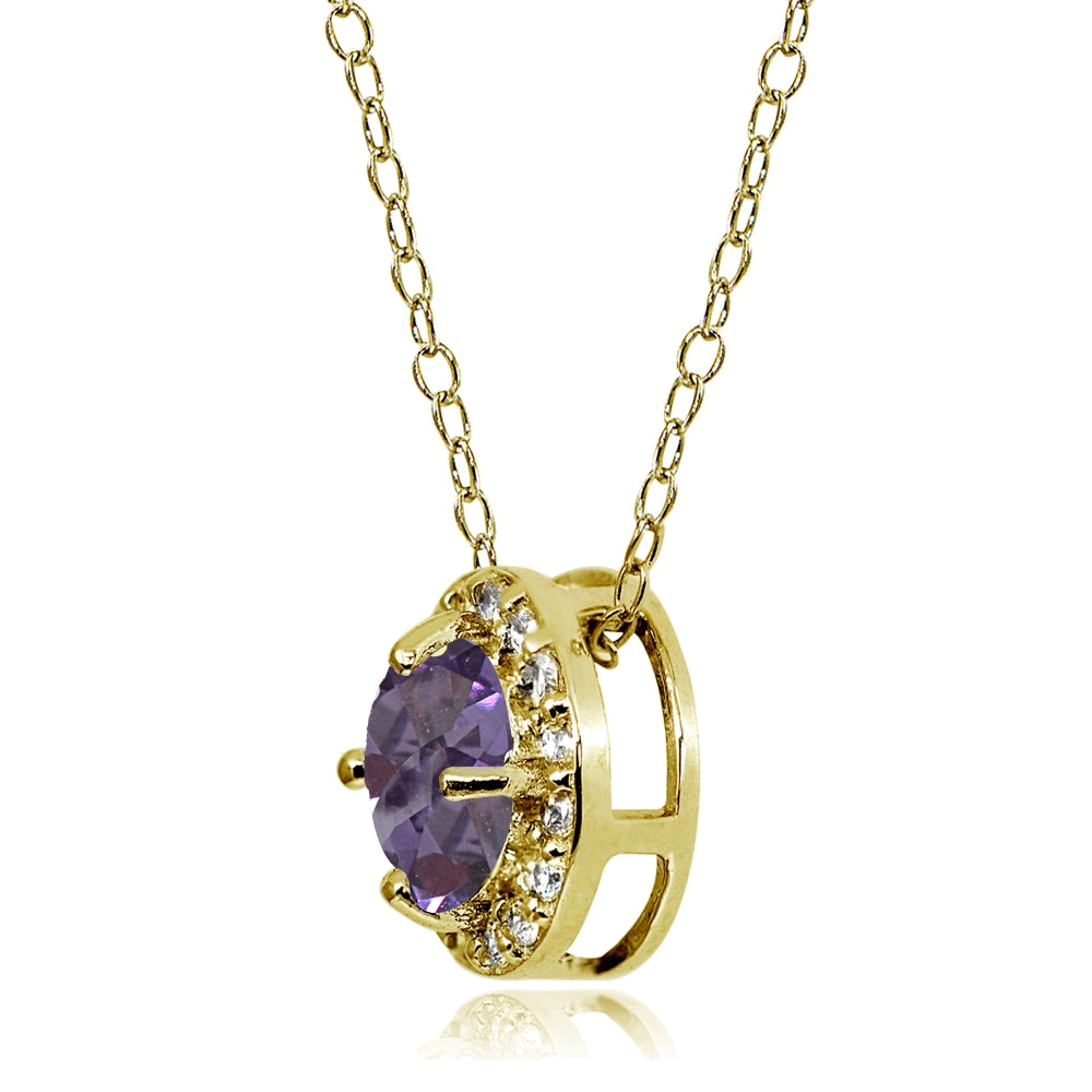 Yellow Gold Flashed Sterling Silver Created Alexandrite and Cubic Zirconia Accents Round Halo Necklace-2