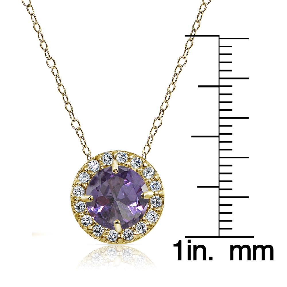 Yellow Gold Flashed Sterling Silver Created Alexandrite and Cubic Zirconia Accents Round Halo Necklace-3