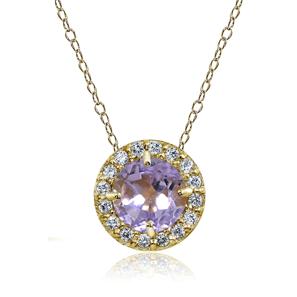Yellow Gold Flashed Sterling Silver Amethyst and Cubic Zirconia Accents Round Halo Necklace