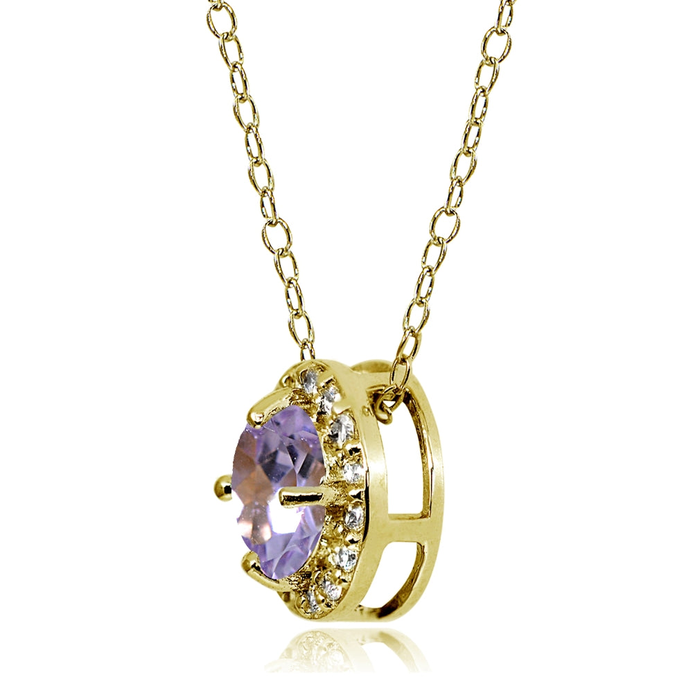 Yellow Gold Flashed Sterling Silver Amethyst and Cubic Zirconia Accents Round Halo Necklace-2