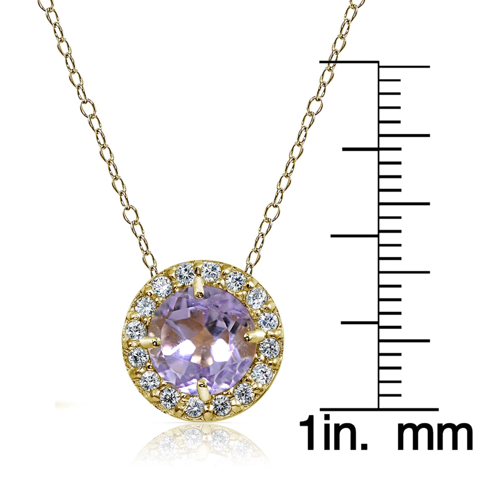 Yellow Gold Flashed Sterling Silver Amethyst and Cubic Zirconia Accents Round Halo Necklace-3