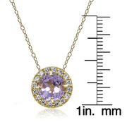 Yellow Gold Flashed Sterling Silver Amethyst and Cubic Zirconia Accents Round Halo Necklace