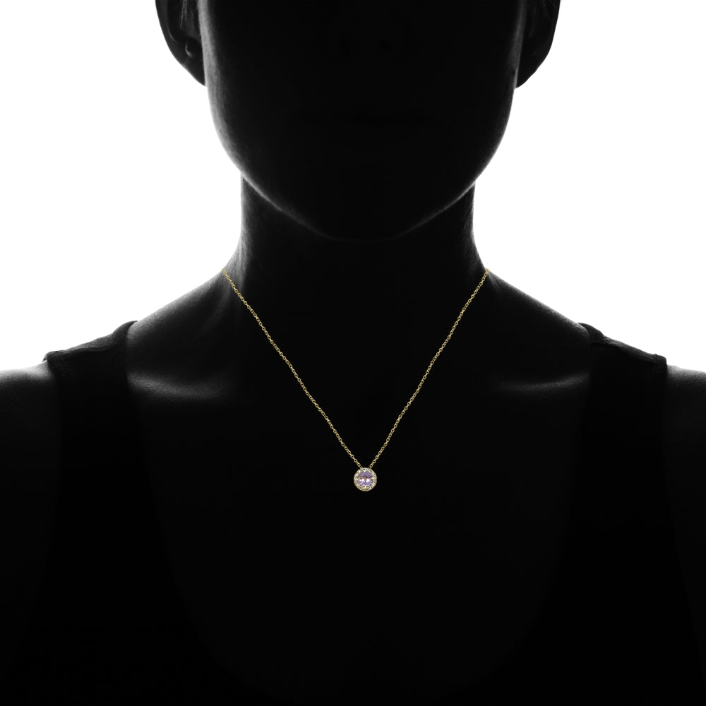 Yellow Gold Flashed Sterling Silver Amethyst and Cubic Zirconia Accents Round Halo Necklace-4