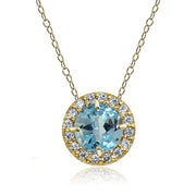 Yellow Gold Flashed Sterling Silver Blue Topaz and Cubic Zirconia Accents Round Halo Necklace