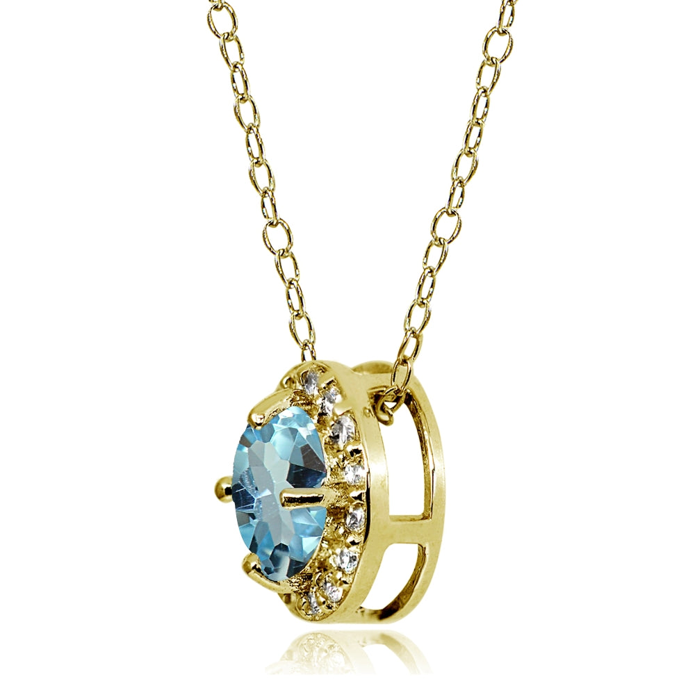 Yellow Gold Flashed Sterling Silver Blue Topaz and Cubic Zirconia Accents Round Halo Necklace-2