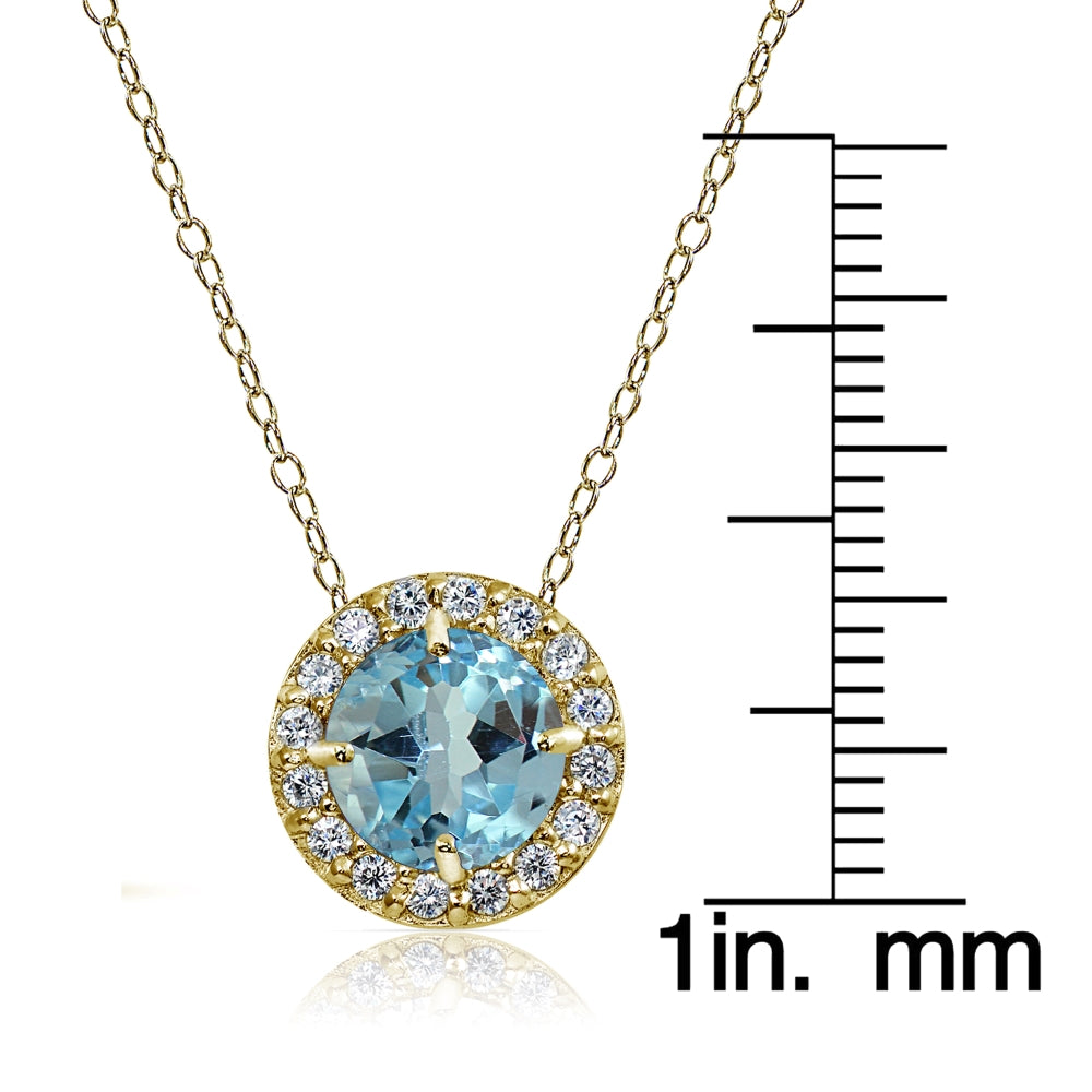 Yellow Gold Flashed Sterling Silver Blue Topaz and Cubic Zirconia Accents Round Halo Necklace-3