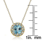 Yellow Gold Flashed Sterling Silver Blue Topaz and Cubic Zirconia Accents Round Halo Necklace