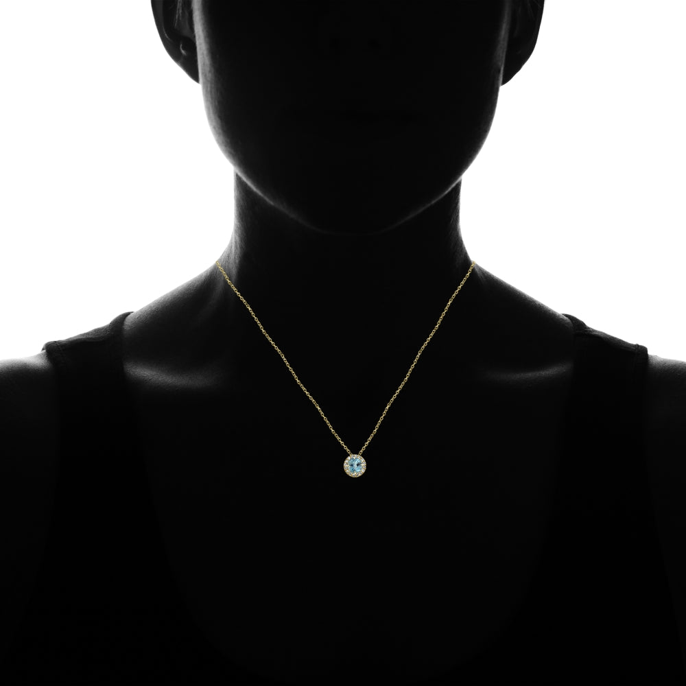 Yellow Gold Flashed Sterling Silver Blue Topaz and Cubic Zirconia Accents Round Halo Necklace-4