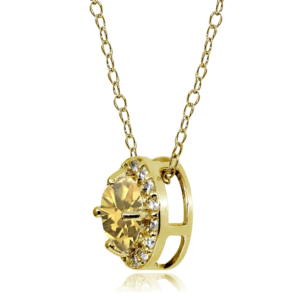 Yellow Gold Flashed Sterling Silver Citrine and Cubic Zirconia Accents Round Halo Necklace-2