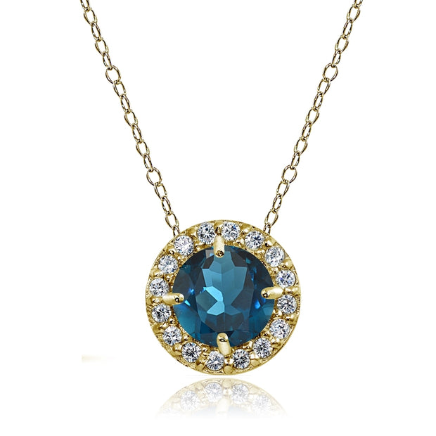 Yellow Gold Flashed Sterling Silver London Blue Topaz and White Topaz Round Halo Necklace