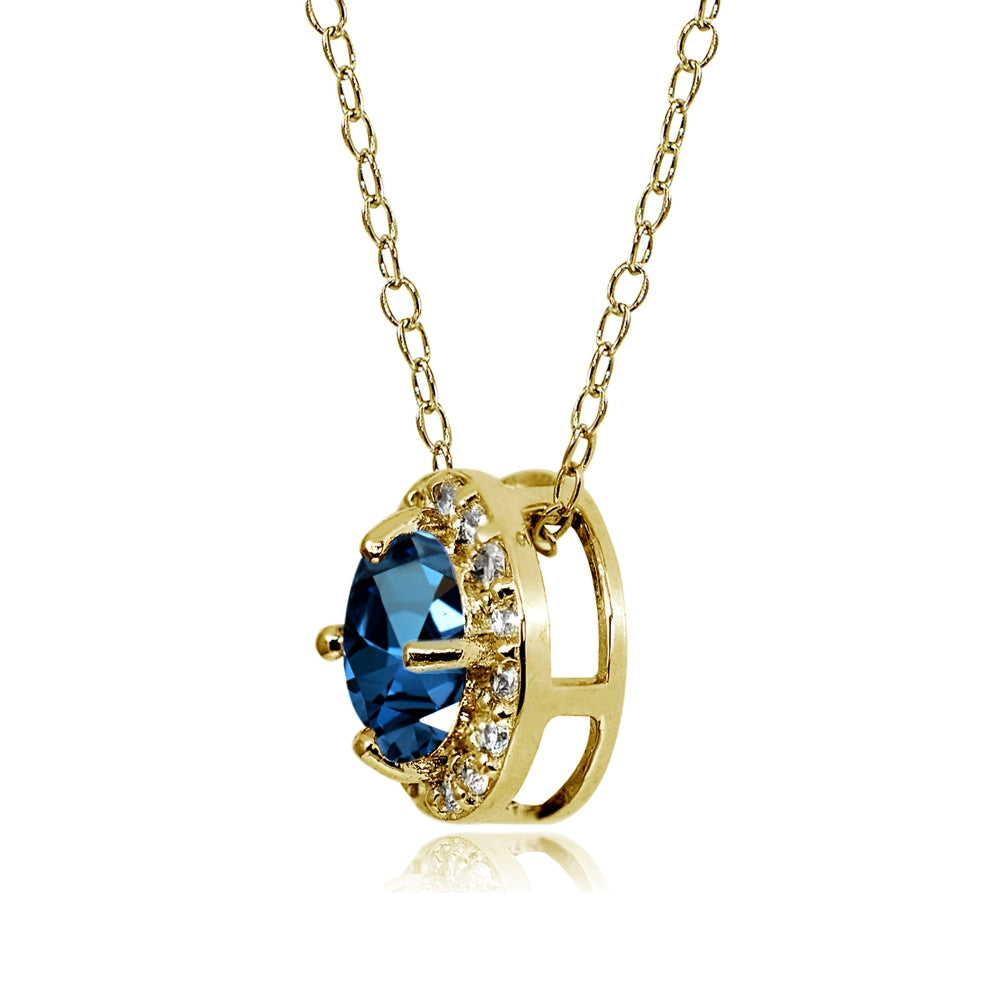 Yellow Gold Flashed Sterling Silver London Blue Topaz and White Topaz Round Halo Necklace-2