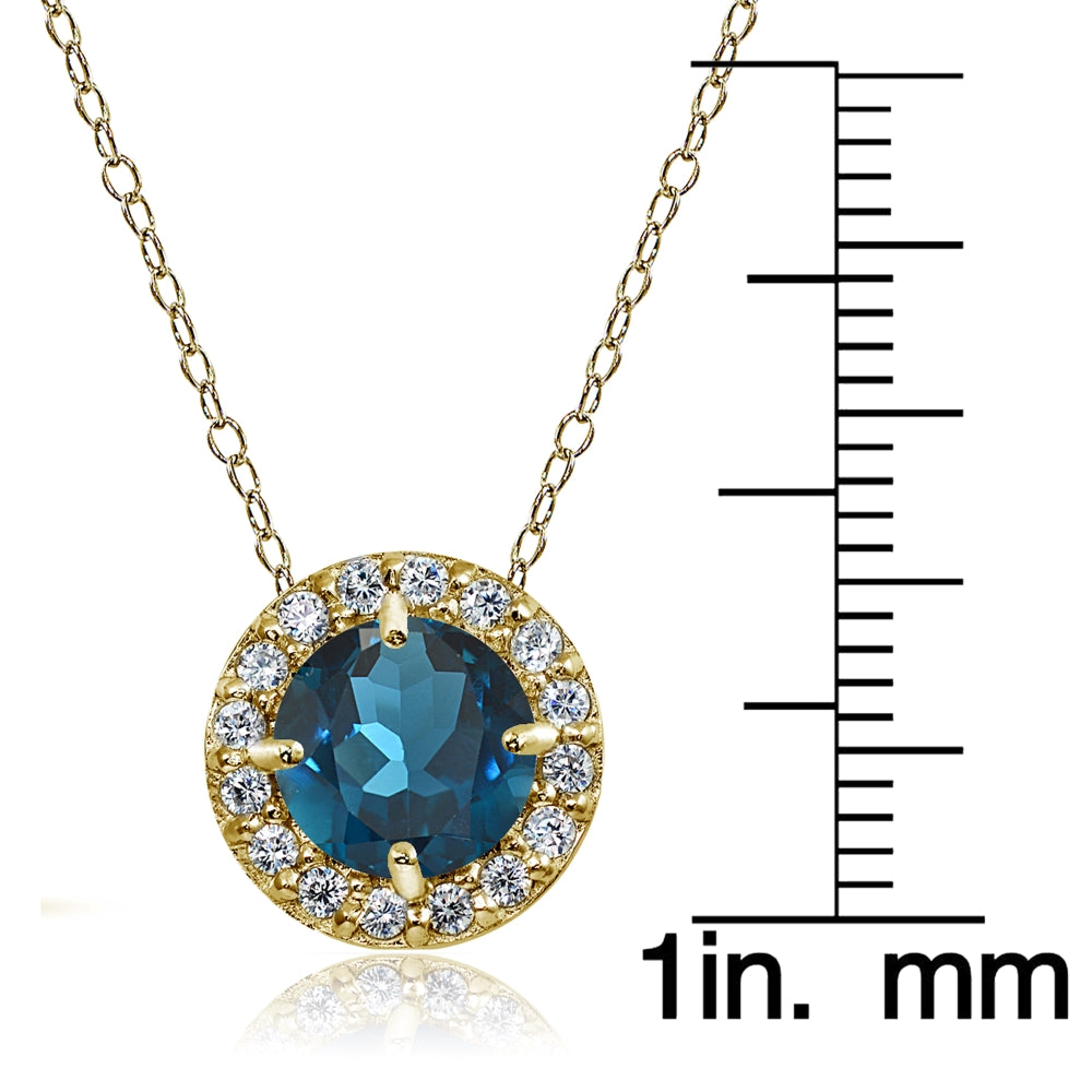 Yellow Gold Flashed Sterling Silver London Blue Topaz and White Topaz Round Halo Necklace-3