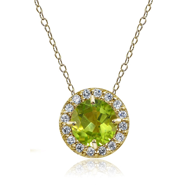Yellow Gold Flashed Sterling Silver Peridot and Cubic Zirconia Accents Round Halo Necklace