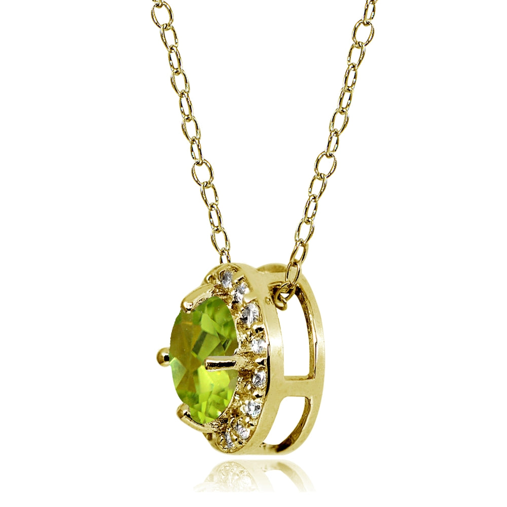 Yellow Gold Flashed Sterling Silver Peridot and Cubic Zirconia Accents Round Halo Necklace-2