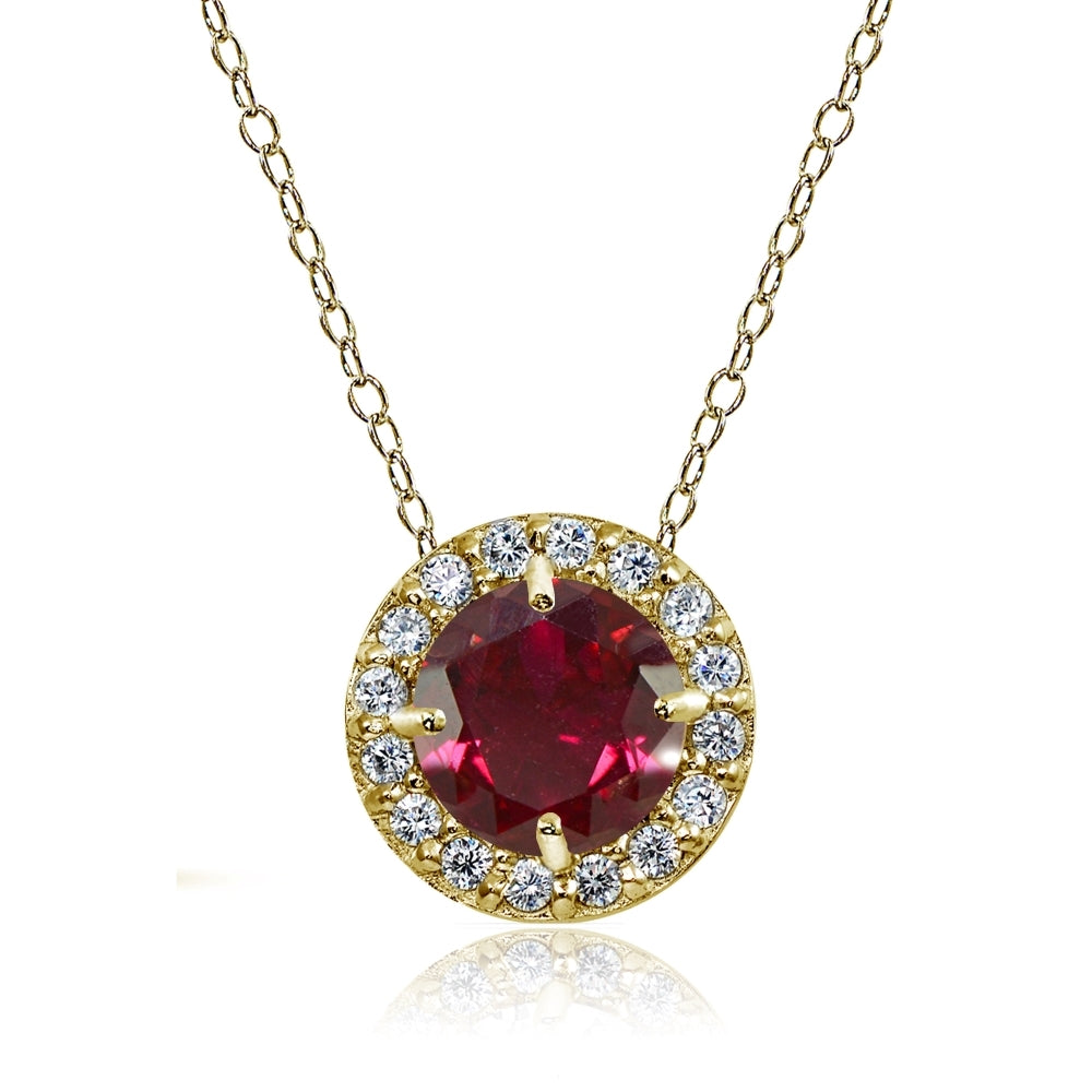 Yellow Gold Flashed Sterling Silver Created Ruby and Cubic Zirconia Accents Round Halo Necklace