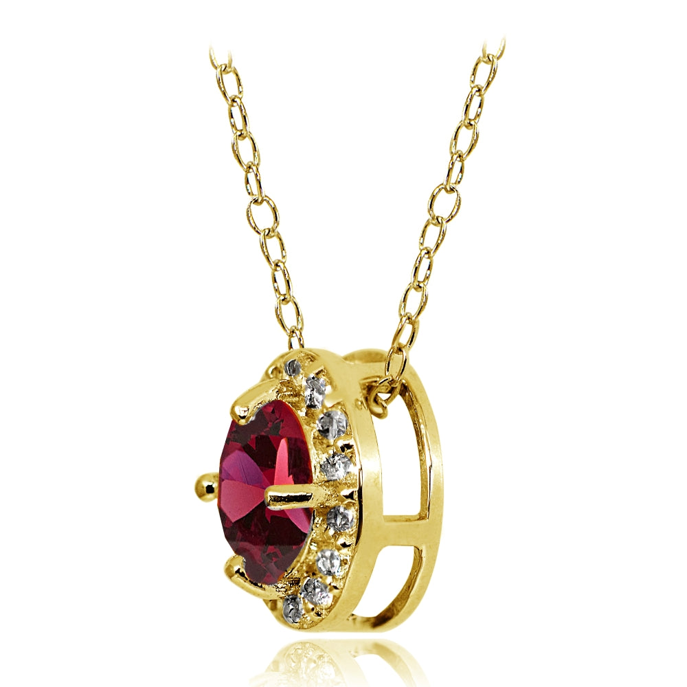 Yellow Gold Flashed Sterling Silver Created Ruby and Cubic Zirconia Accents Round Halo Necklace-2