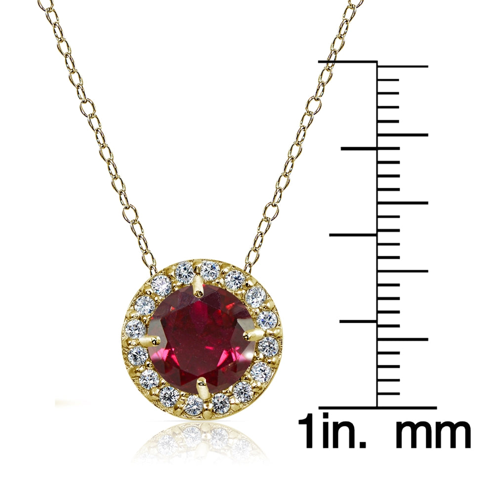 Yellow Gold Flashed Sterling Silver Created Ruby and Cubic Zirconia Accents Round Halo Necklace-3
