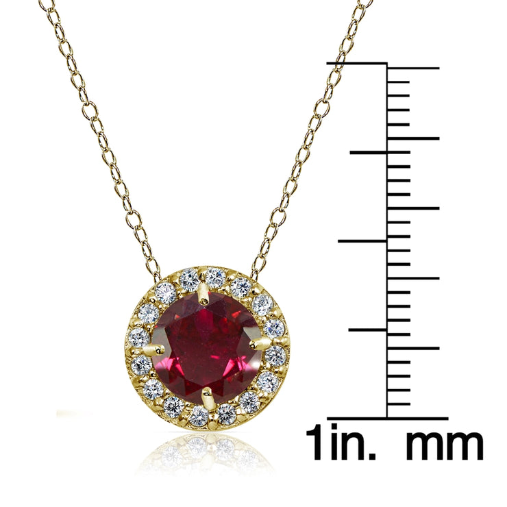Yellow Gold Flashed Sterling Silver Created Ruby and Cubic Zirconia Accents Round Halo Necklace