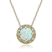 Yellow Gold Flashed Sterling Silver Created White Opal and Cubic Zirconia Accents Round Halo Necklace