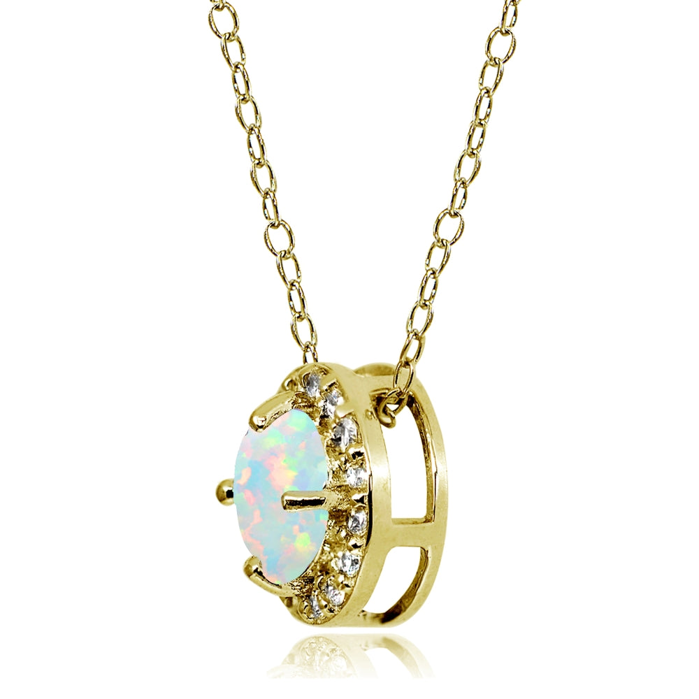 Yellow Gold Flashed Sterling Silver Created White Opal and Cubic Zirconia Accents Round Halo Necklace-2