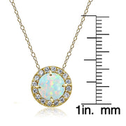 Yellow Gold Flashed Sterling Silver Created White Opal and Cubic Zirconia Accents Round Halo Necklace