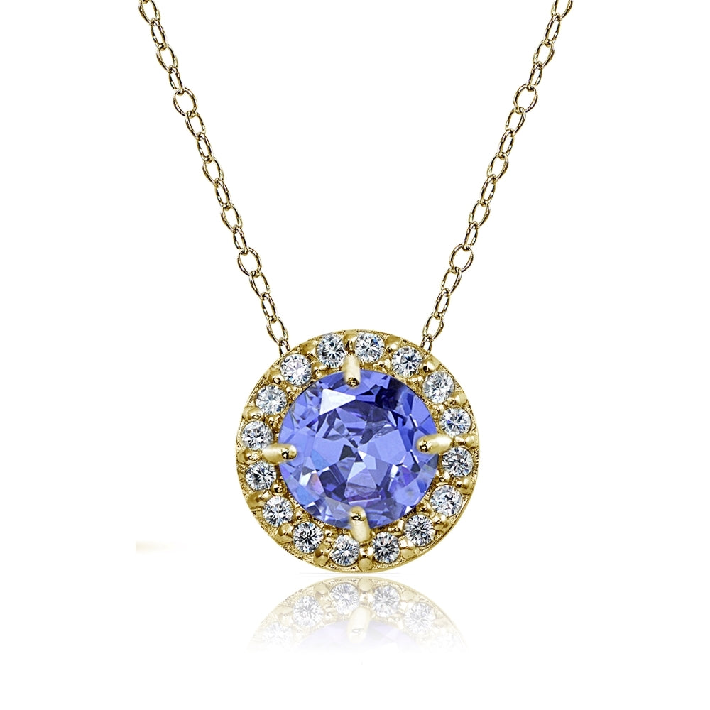Yellow Gold Flashed Sterling Silver Tanzanite and White Topaz Round Halo Necklace