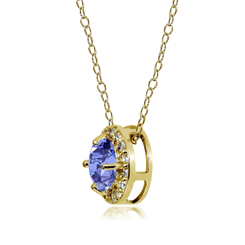 Yellow Gold Flashed Sterling Silver Tanzanite and White Topaz Round Halo Necklace-2