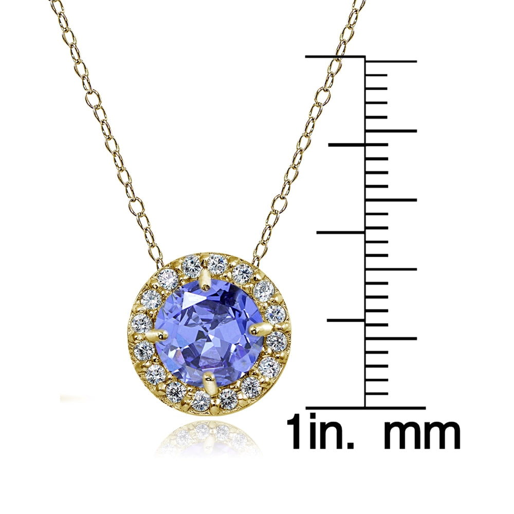 Yellow Gold Flashed Sterling Silver Tanzanite and White Topaz Round Halo Necklace-3