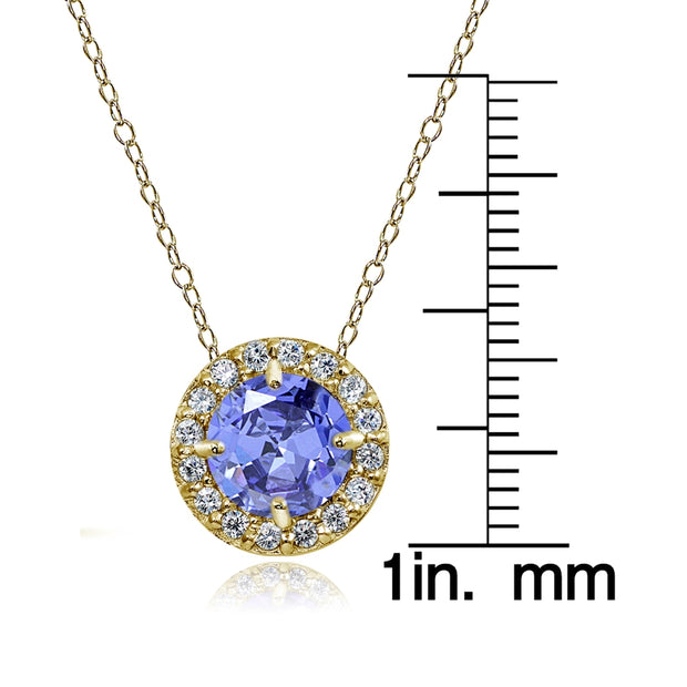 Yellow Gold Flashed Sterling Silver Tanzanite and White Topaz Round Halo Necklace