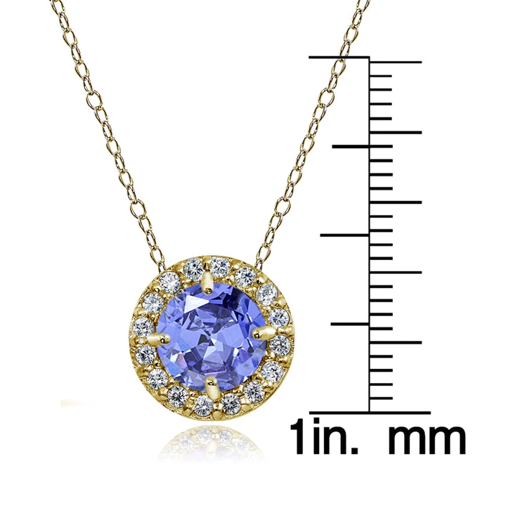 Yellow Gold Flashed Sterling Silver Tanzanite and White Topaz Round Halo Necklace