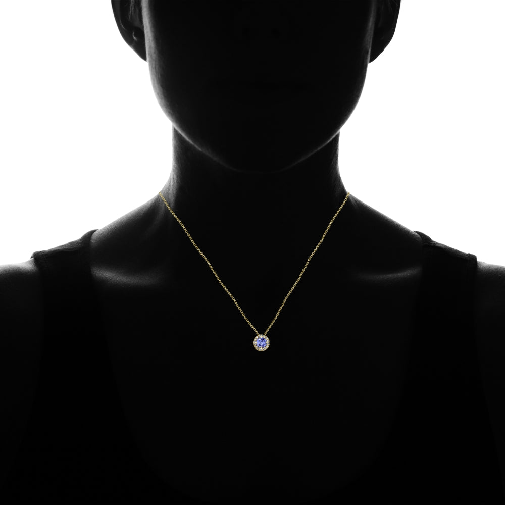 Yellow Gold Flashed Sterling Silver Tanzanite and White Topaz Round Halo Necklace-4