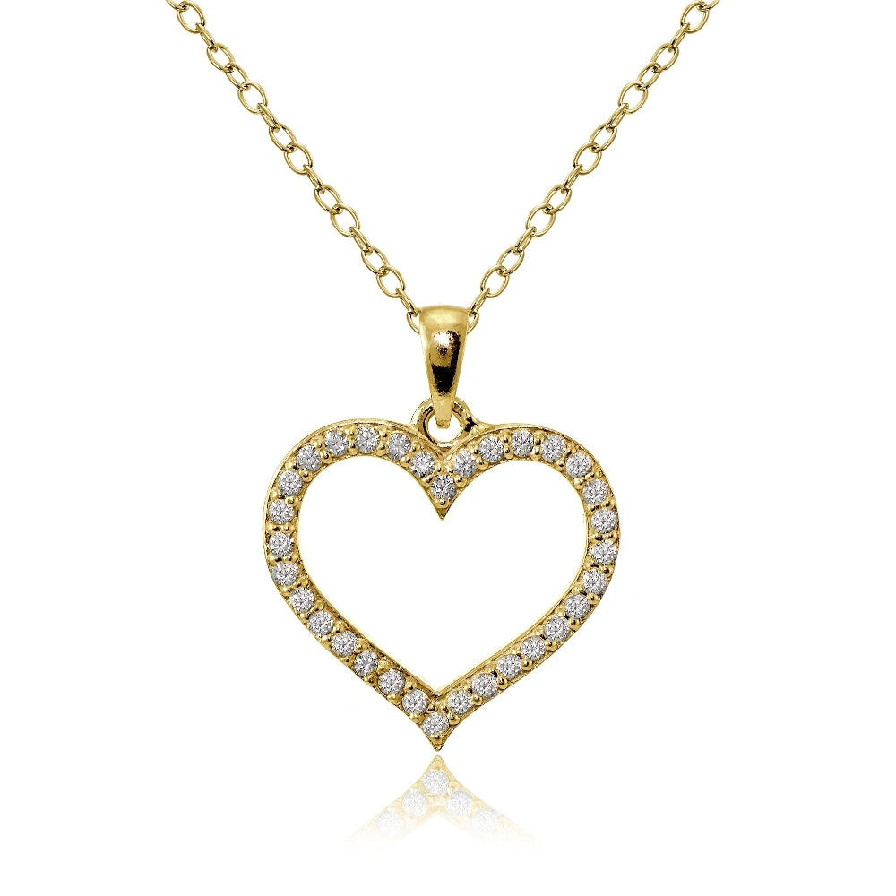 Yellow Gold Flashed Sterling Silver Cubic Zirconia Open Heart Necklace