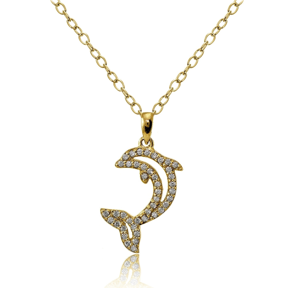 Yellow Gold Flashed Sterling Silver Cubic Zirconia Dolphin Necklace
